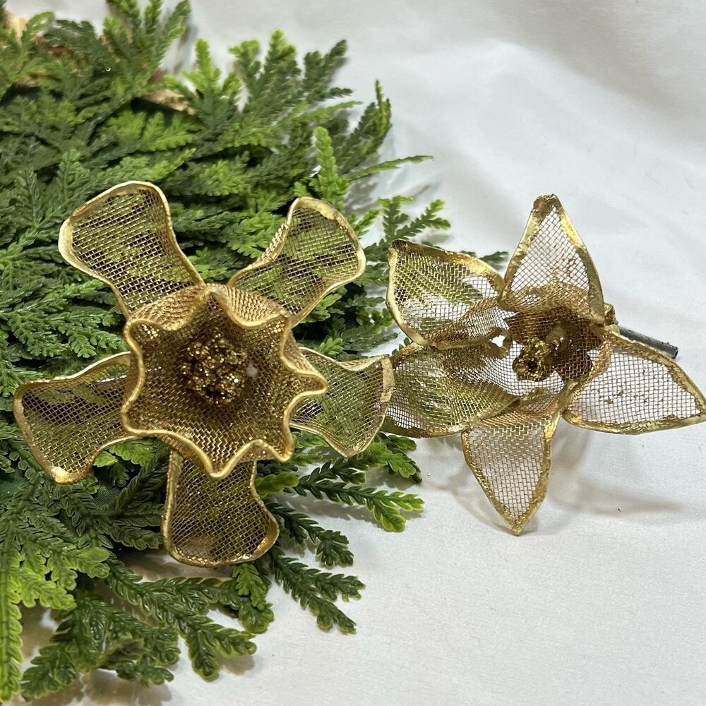 Vintage Gold Wire Mesh Flower Clip On Christmas Tree Ornaments Set of 2